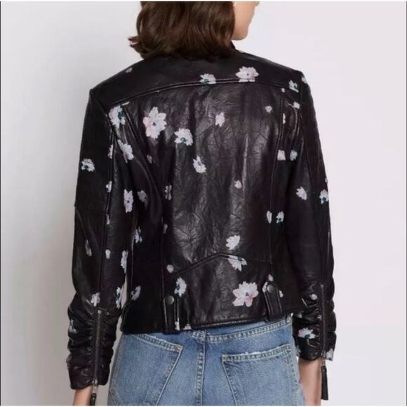 Joie Thisbe Moto Floral Lamb Leather Jacket Caviar Black Size XXS - Picture 2 of 12